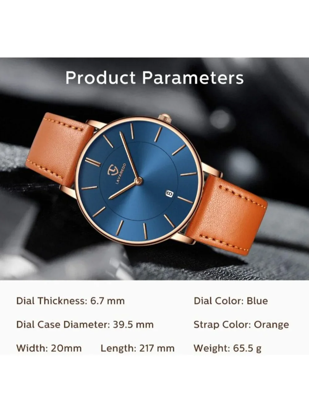 Men Blue Orange Leather Strap Analog Minimalist Fashion Simple Round Wrist Watch